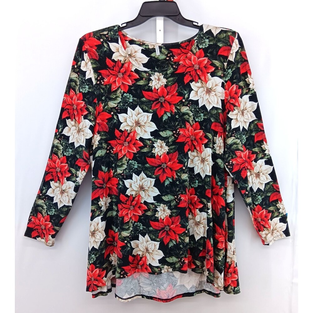 Passports Shirt Women Size XL Red Multicolor Floral Long Sleeve Round Neck Top